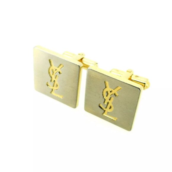 SAINT LAURENT Cuffs YSL Logo Silver & Gold Bracket Authentic USED T20153